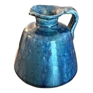 Vintage Glazed Pottery Creamer Mini Pitcher 3.25" Tall Blue Stamped